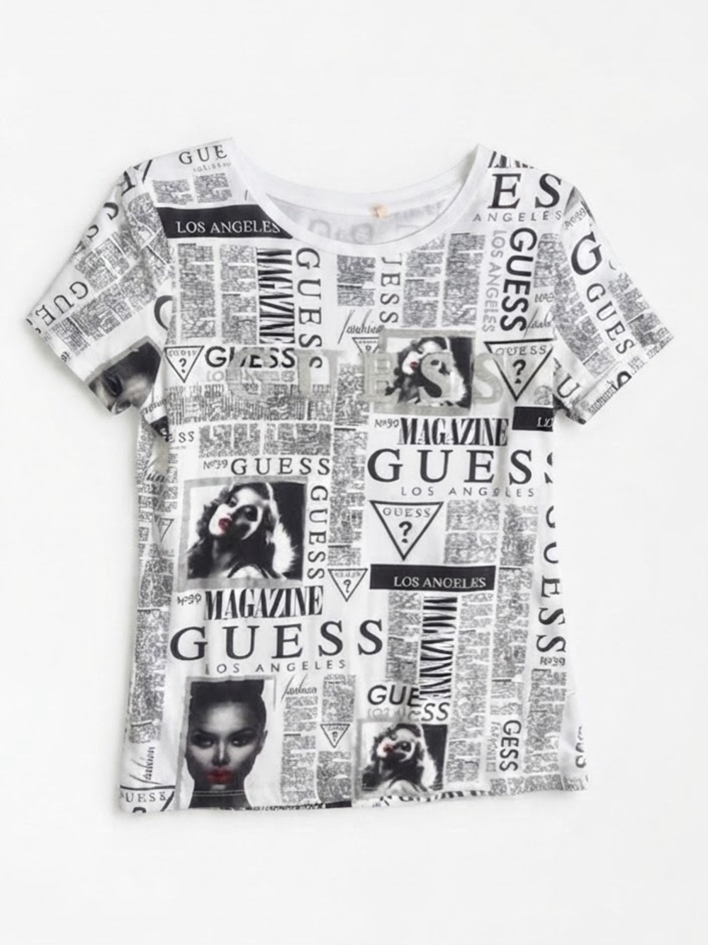 GUESS Newspaper Print Rhinestone Graphic T-Shirt / Size Medium